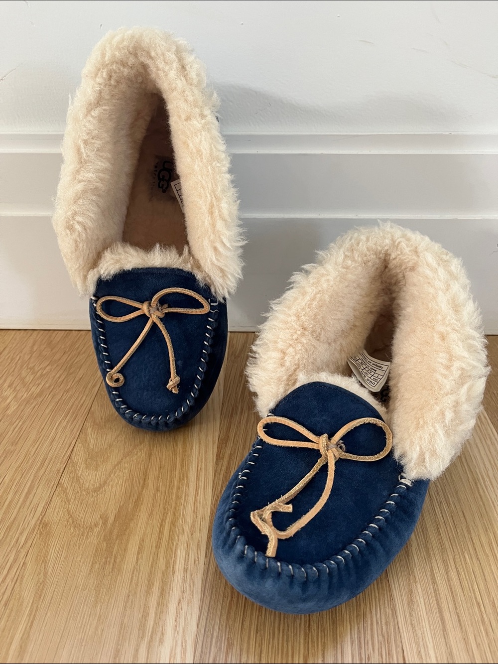 UGG Navy Suede Moccasin Slippers with Cream Shearling
